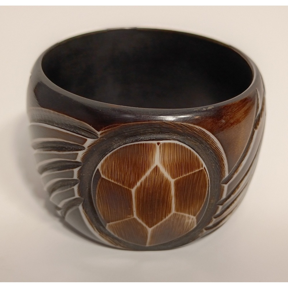 Brown Chunky Carved Big Bangle Bracelet Faceted Medallion, Tortoise Shell Look